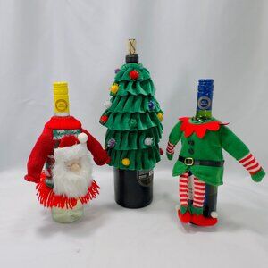 Lot of 3 St Nicholas Christmas Square Themed Wine Bottle Covers Tree, Elf Santa